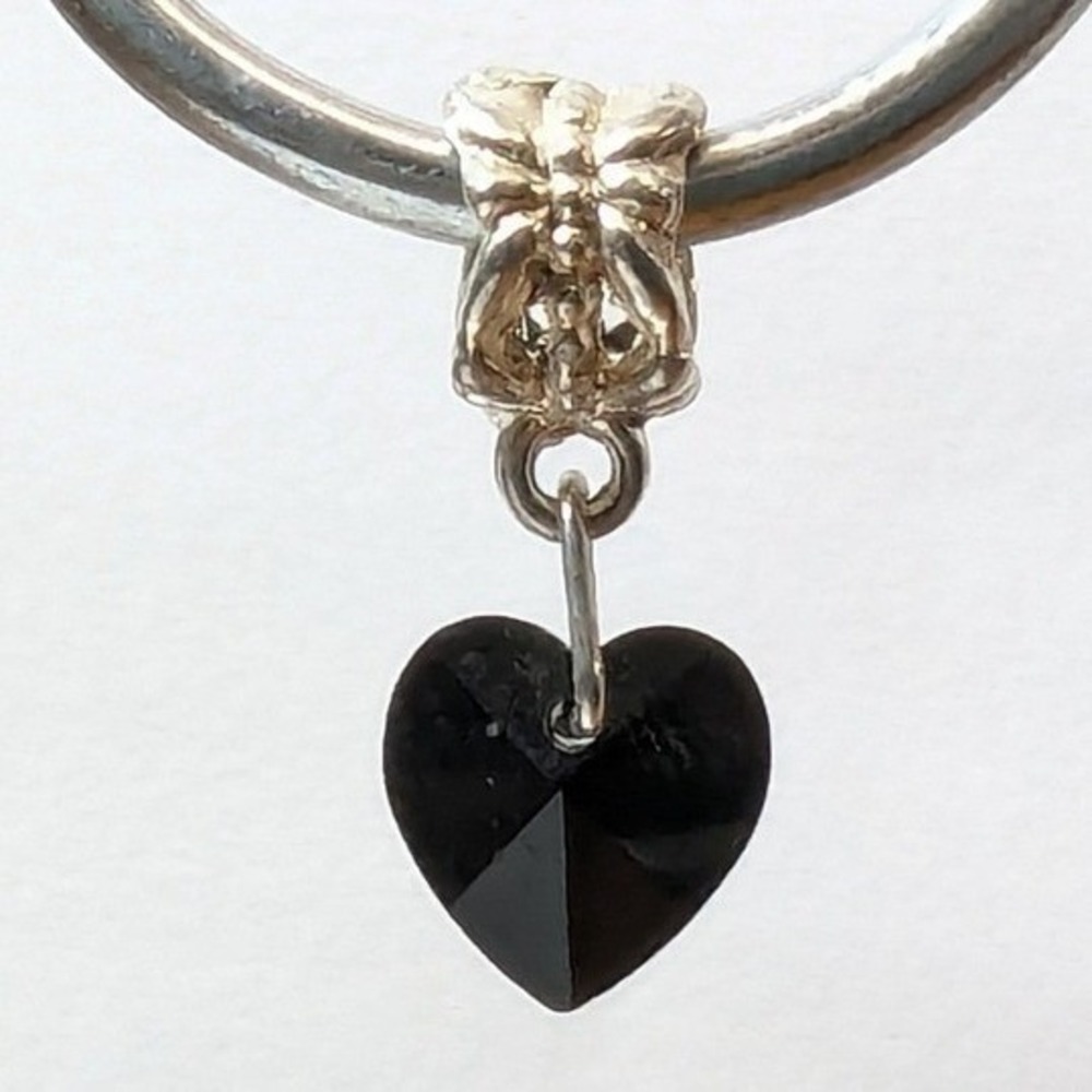 Vtg New Heart Slide Charm Pendant Black Silvertone Faceted Glass Crystal .33"